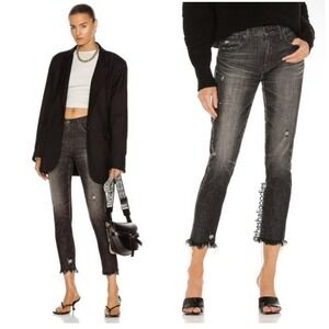 Moussy Vintage Staley Tapered Straight Leg Raw Hem Jeans in Black Size 27